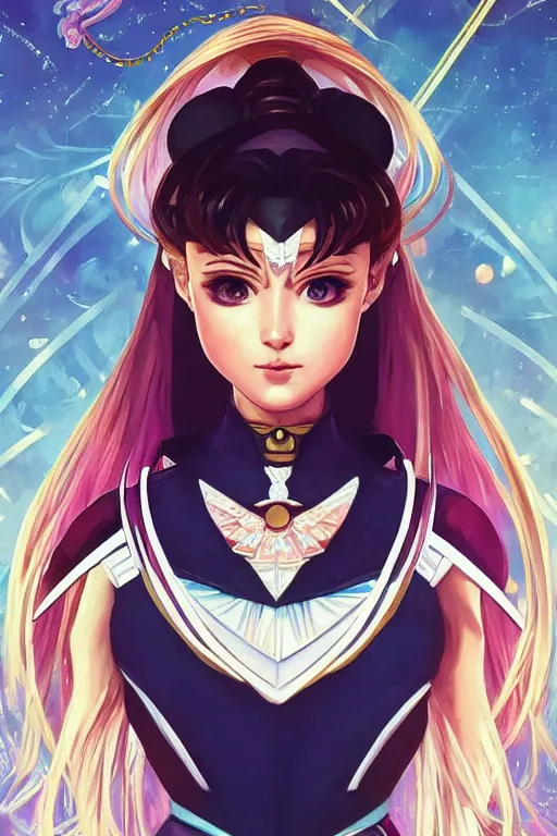 Image similar to symmetry!! portrait of sailor moon! alien in the style of horizon zero dawn, machine face, intricate, elegant, highly detailed, digital painting, artstation, concept art, smooth, sharp focus, illustration, art by artgerm and greg rutkowski and alphonse mucha, 8 k