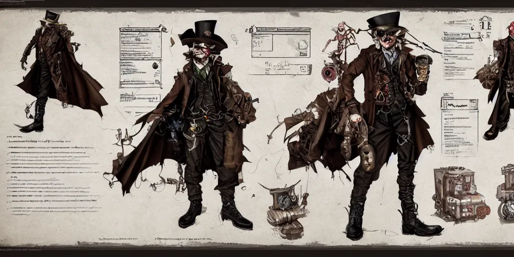 Prompt: steampunk the joker, character sheet, concept design, contrast, kim jung gi, greg rutkowski, zabrocki, karlkka, jayison devadas, trending on artstation, 8 k, ultra wide angle, pincushion lens effect