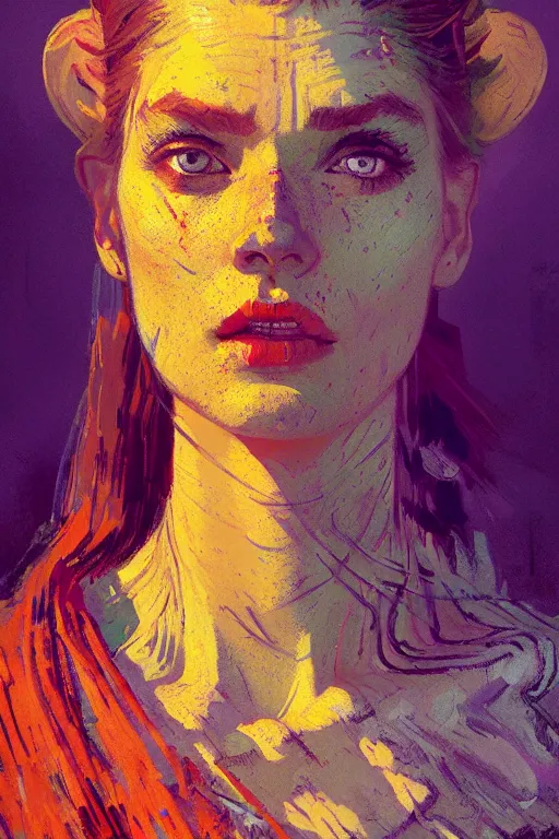 Image similar to portrait of a beautiful viking female, complementary colors, beautiful face, rule of thirds, intricate outfit, spotlight, by greg rutkowski, by jeremy mann, by francoise nielly, by van gogh, digital painting