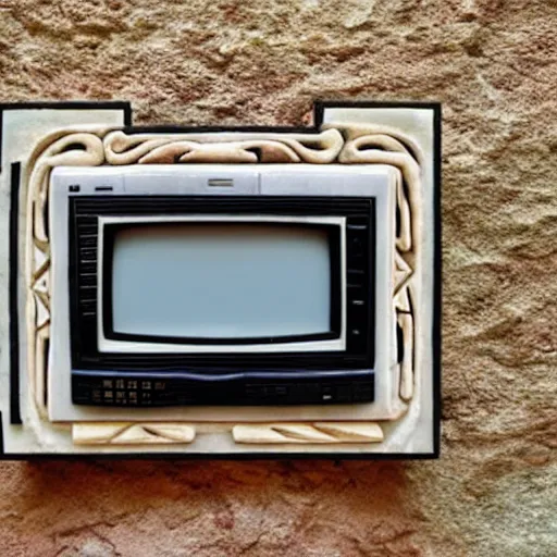 Prompt: a retro crt television carved from stone, ttelevision made by ancient taino and aztec