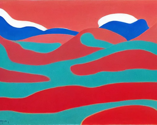 Image similar to A wild, insane, modernist landscape painting. Wild energy patterns rippling in all directions. Curves, organic, zig-zags. Saturated color. Mountains. Clouds. Rushing water. Wayne Thiebaud.