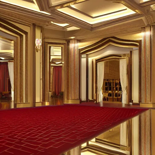 Image similar to isometric view of a lavish hotel lobby, full of cherrywood and red carpet and golden accents on the walls, high quality, digital art, room design