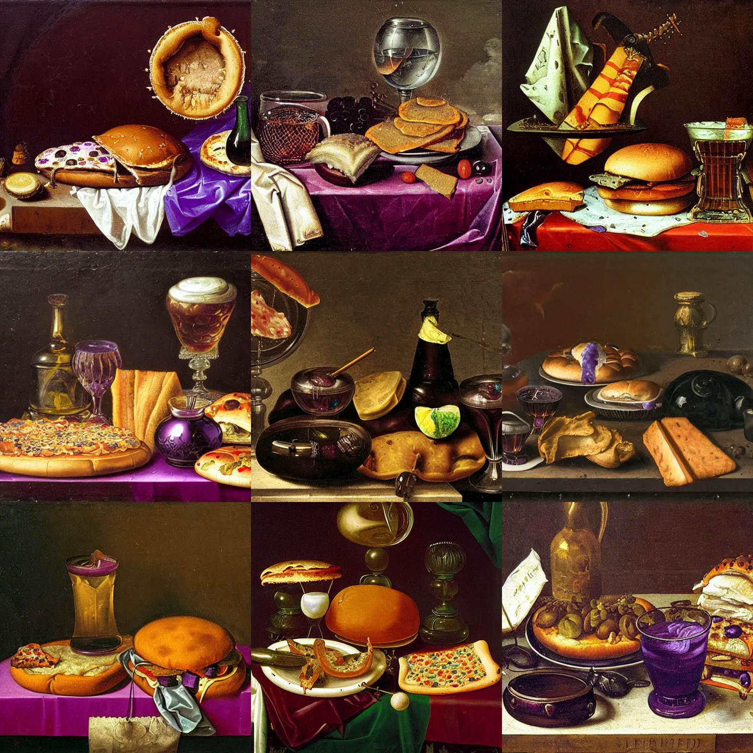 Prompt: Dutch still life from the 1600s, old oil painting: Glasses filled with purple liquids, pizza slices, hamburger, alcohol