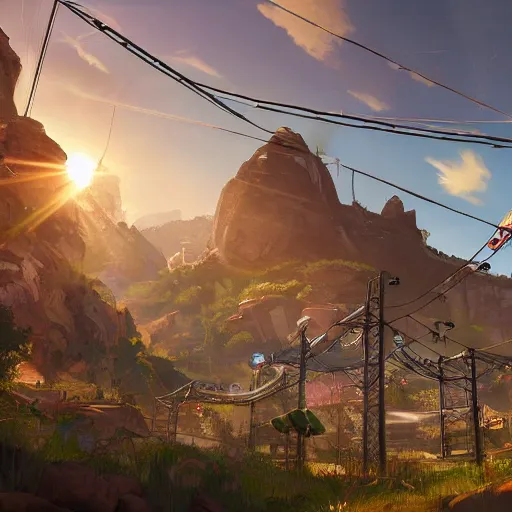 Image similar to advanced power source with power lines from apex legends in a pleasant urban setting surrounded by families, art station, ultra hd, soft light, overhead sun, ultra hd, art station