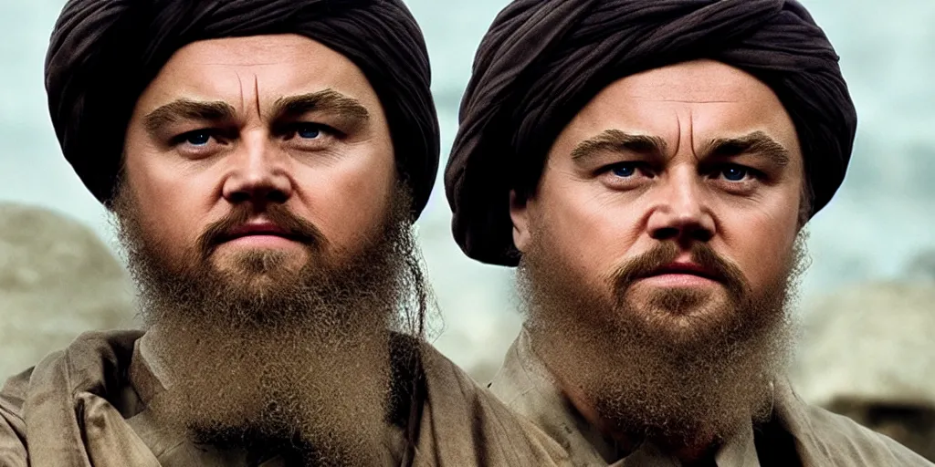 Prompt: Leonardo DiCaprio as Osama Bin Laden, movie still frame, face close-up, realistic, 4k