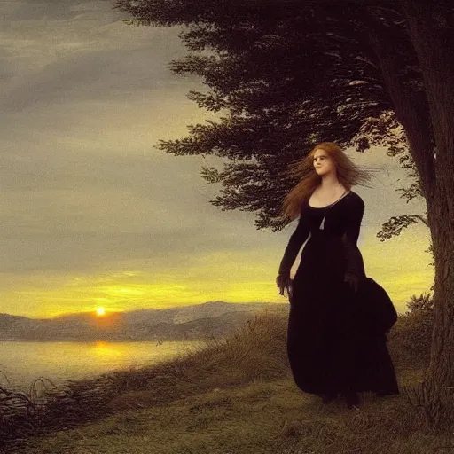 Image similar to young beautiful woman by the lake, hair waving in the wind, sunset, high detail, dramatic light, digital art, chiaroscuro, dark, painted by caspar david friedrich