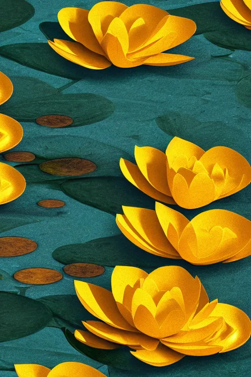 Image similar to lilyPads with Lotus flowers in the golden hour, paper cut art, close up, DOF, 8k, artstation,