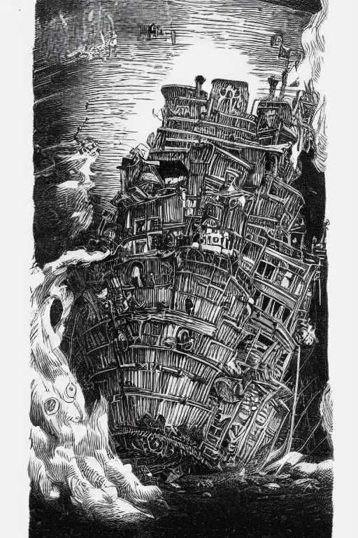 Image similar to 19th century wood-engraving of Howl's moving castle, whole page illustration from Jules Verne book, art by Édouard Riou Jules Férat and Henri de Montaut,, high quality, beautiful, highly detailed, removed watermarks