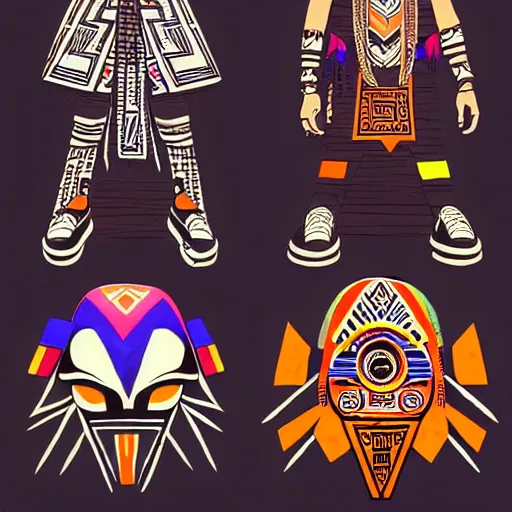 Image similar to sneaker design concept art, aztec mayan street fashion native punk sneaker design, majora's mask, wearing wooden mask, hip hop sneaker design with subtle mayan patterns, gapmoe yandere grimdark, trending on pixiv fanbox, painted by greg rutkowski makoto shinkai takashi takeuchi studio ghibli, akihiko yoshida