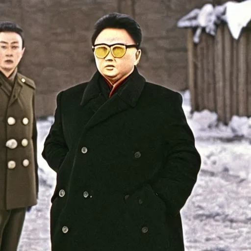 Prompt: filmstill of Kim Jong-il in the role of Doctor Zhivago by David Lean, 1965, cinemascope, 35mm film