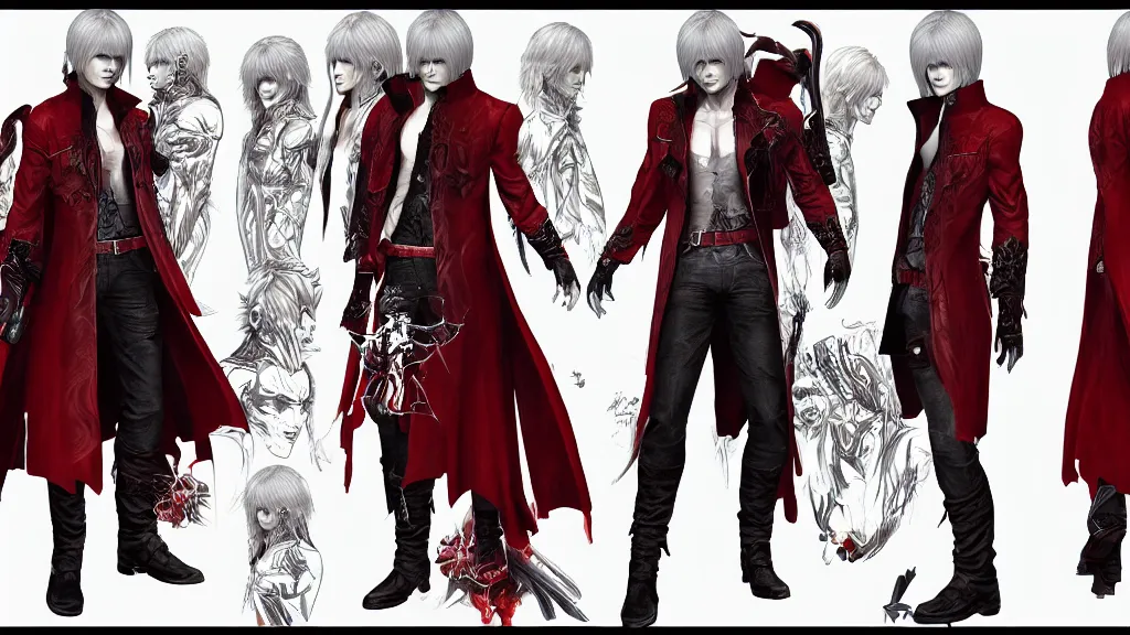 Prompt: devil may cry long haired son of sparda character design sheet, trending on artstation