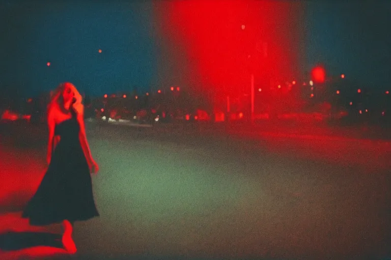 Prompt: blured shadow of dancing young woman on red light, focused background blue night sky with stars, polaroid photo