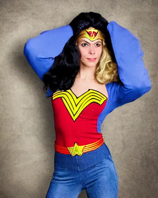 Image similar to a Chimpanzee, dressed as Wonder Woman, is wearing tight fit Blue Jean pants and wearing a blonde wig, photographed in the style of Annie Leibovitz, photorealistic