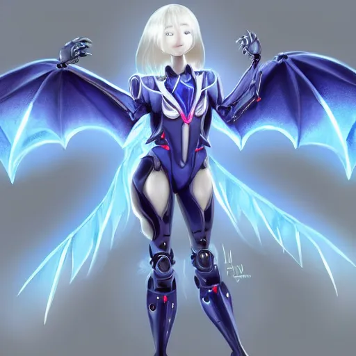 Prompt: cute anthropomorphic female robot dragon doing an elegant pose, has two adorable blue eyes, with two big epic wings behind her, two arms that have sharp claws, two legs, a long tail behind her; high quality digital art, artstation, deviantart, furaffinity