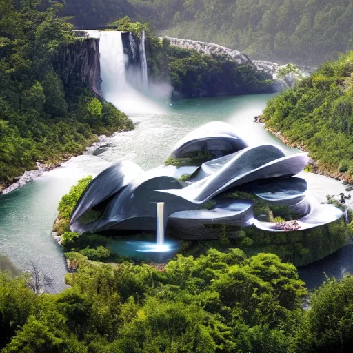 Image similar to a futuristic modern house, on a floating rock island, alien planet covered in water, multiple waterfalls, multiple moons glowing, stars, frank gehry