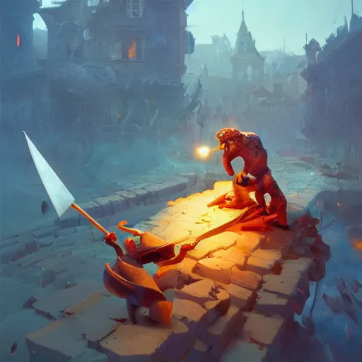 Prompt: battle toast, a slice of toasted bread with a face, arms and legs, holding a sword, volumetric lighting, dynamic composition, fantasy, hyper detailed, ultra realistic, sharp focus, octane render, concept art by sergey kolesov and ruan jia and heng z