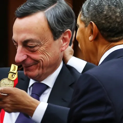Image similar to Mario Draghi gives a medal to Barack Obama