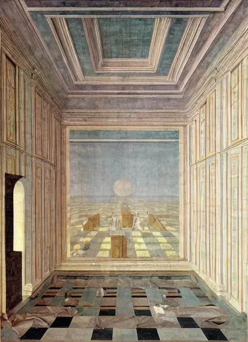 Image similar to renaissance sharp painting of a ethereal room with pastel colors room in central perspective, checkered floor and bright colors in the style of piero della francesca