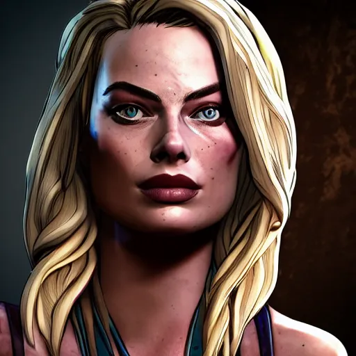 Image similar to margot robbie portrait, borderlands, tales from the borderlands, the wolf among us, comic, cinematic lighting, studio quality, 8 k