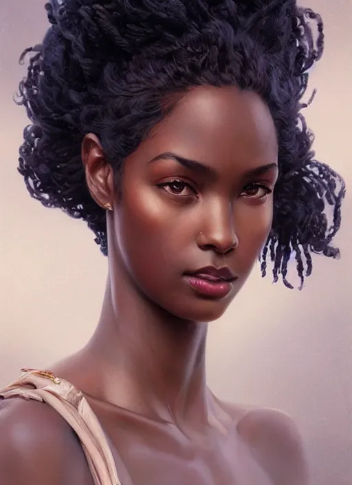 Image similar to portrait of a stunningly beautiful young black woman, highly detailed, digital painting, artstation, concept art, sharp focus, illustration, art by artgerm and greg rutkowski and alphonse mucha, incredibly beautiful and symmetrical face, incredibly detailed, award winning art, royal