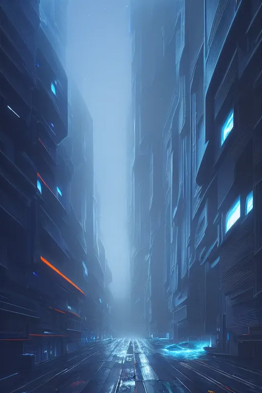 Prompt: emissary futuristic citys with orange lasers lighting the street, windows lit with blue hue, stone marble sculptures, by tim blandin and arthur haas and bruce pennington and john schoenherr, cinematic matte painting, zaha hadid building, photo realism, dark moody color palate, blue hour stars, desolate alaskan landscape,