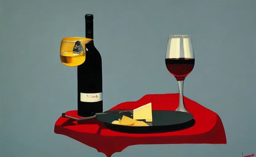 Image similar to beautiful still life featuring tillamook cheese, and red wine and a gun, very coherent, painted by Edward Hopper, painted by James Gilleard, airbrush, art by JamesJean