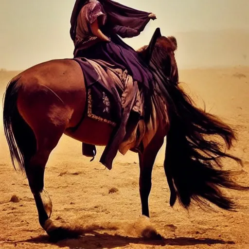 Image similar to burqa's woman, ride horse, taliban, riffle on chest, dust, cinematic, beautiful, dynamic pose, pinterest