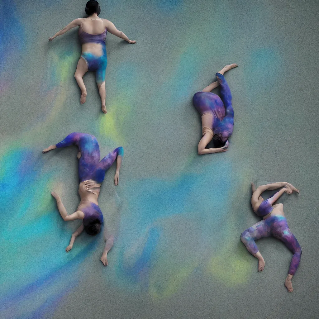 Image similar to overhead view of iridiscent oil slick and eroded stones with a woman's connected by a transparent pipe to a baby buried relaxing on yoga mat, faded, gradient, depth of field, ultra realistic, very detailed, glitch, by nadav kander, 8 k hyper realistic detailed cinematic