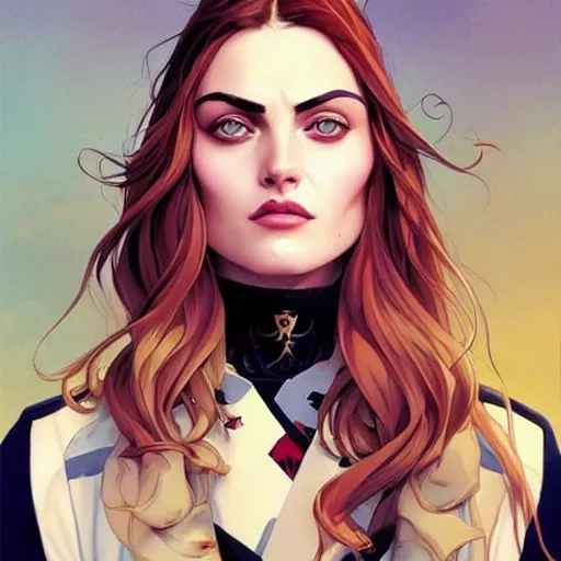 Image similar to Joshua Middleton comic art, pretty female Phoebe Tonkin, pirate, eye patch over left eye, evil smile, symmetrical face, symmetrical eyes, pirate clothing, long wavy blonde hair, full body:: sunny weather::