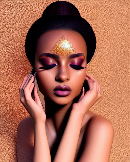 Image similar to beautiful female, arabic, haze, model, brown skin, intricate, filter, symmetrical face, makeup, sephora, maybelline, studio, reflections, cinematic, filmic, vsco, concept art, artstation, elegant, model, gorgeous, vray, flim, octane render, ambient occlusion, prism details, art by brenda zlamany