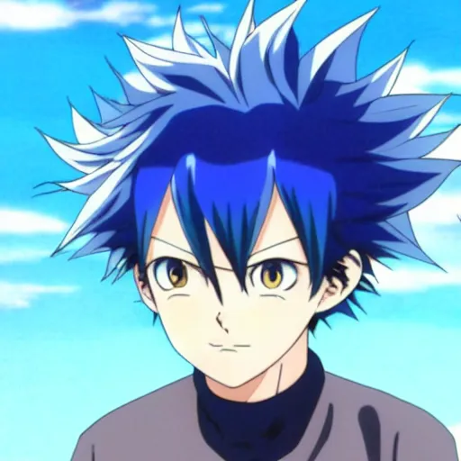 Image similar to anime key visual of a boy with blue spikey hair and water powers, anime!!!, cel shaded, shonen style, by kohei horikoshi!!!!!, big eyes, detailed, by hiromu arakawa, 8 k,