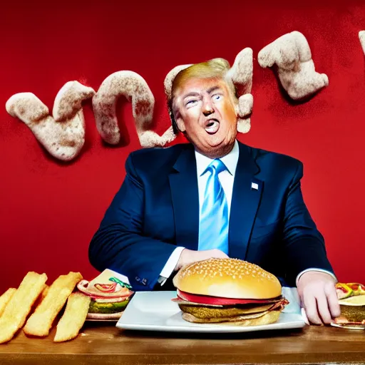 Prompt: photo still of donald trump! licking! a burger with his! tongue! out, mmmmm, studio portrait photo, studio lighting, rim light, key light, food photography, 3 5 mm f 1. 8