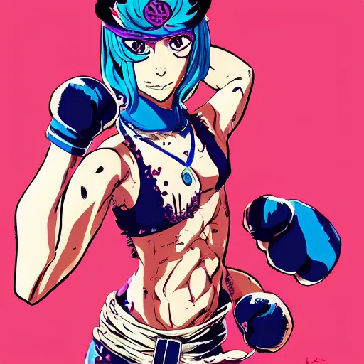 Image similar to hibiscus boxer, punching, jojo cover art, jojo anime style, david production, style of vento aureo cover art, style of stone ocean cover art, style of steel ball run cover art, style of jojolion cover art, ilya kuvshinov style, illustrated by hirohiko araki