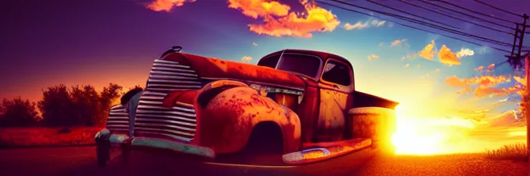 Image similar to a sunset light landscape with historical route 6 6, lots of sparkling details and sun ray ’ s, blinding backlight, smoke, volumetric lighting, colorful, octane, 3 5 mm, abandoned gas station, old rusty pickup - truck, beautiful epic colored reflections, very colorful heavenly, softlight