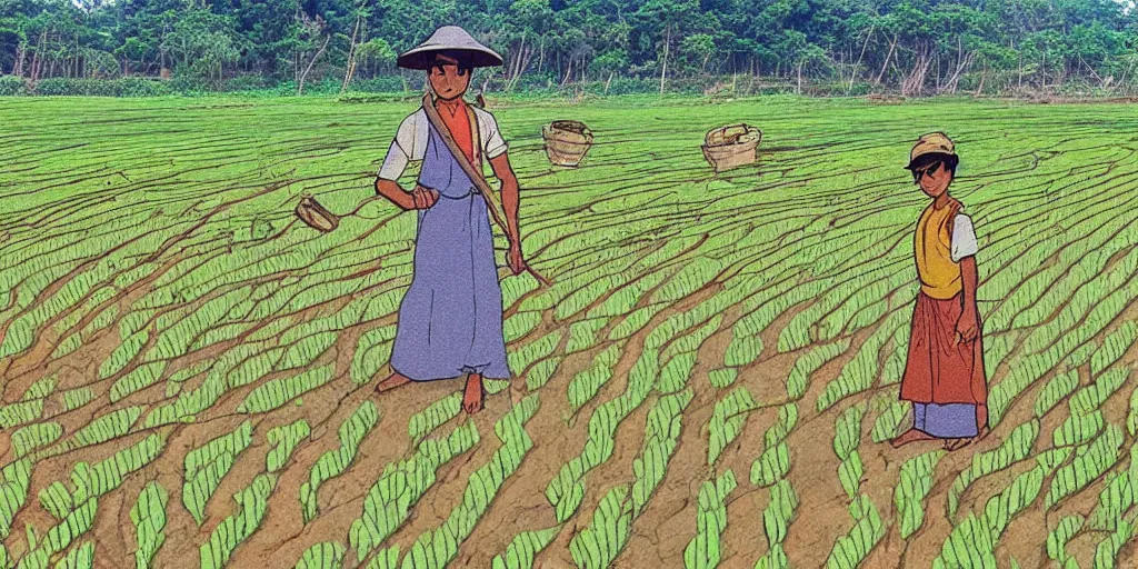 Image similar to sri lankan paddy field farmer, drawn by hayao miyazaki