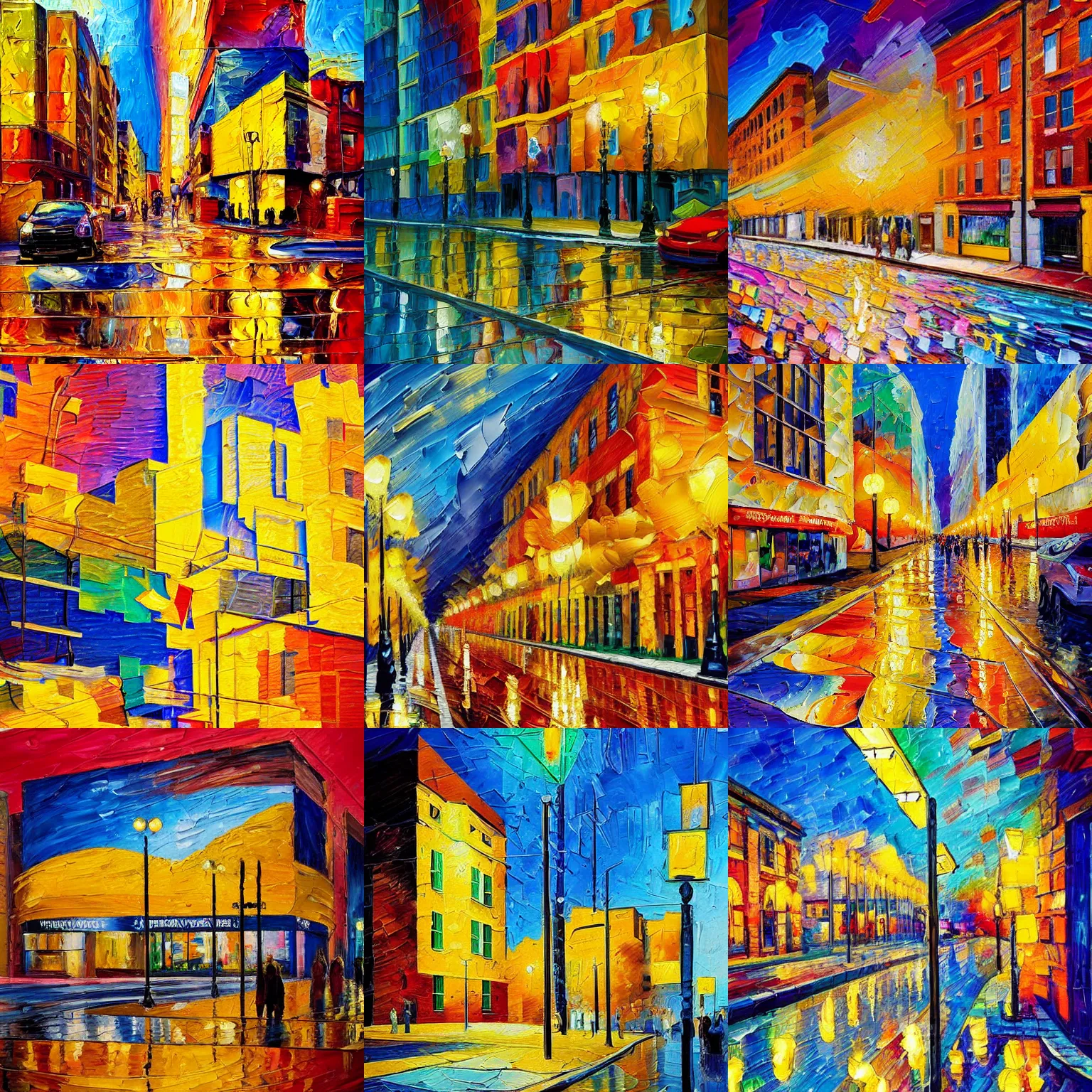 Prompt: an extremely impasto painting of thick brushstrokes in warm impressionist complimentary colors painting a reflective raytracing puddle cubist street scene of golden palette knife streaks of golden streetlights shimmering with vibrant gradients of color and a lil popcorn who is a good pringle, cubism picasso buildings