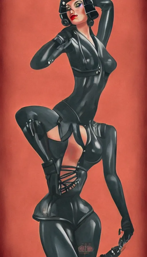 Prompt: full body cyberpunk beautiful woman, symmetrical face, in the style of a 1 9 4 0 s oil painted pin - up