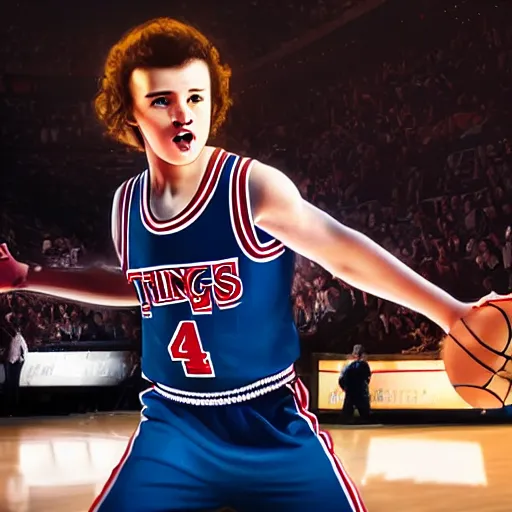 Image similar to Mike from stranger things playing basketball and making a shot in an nba stadium , close up shot, wide angle, lens flares