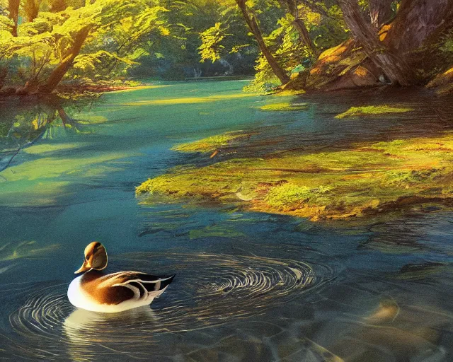 Prompt: a duck swimming in a river, ripples, reflections. Shady, trees bent over river, rocky shores. By Makoto Shinkai, Stanley Artgerm Lau, WLOP, Rossdraws, James Jean, Andrei Riabovitchev, Marc Simonetti, krenz cushart, Sakimichan, trending on ArtStation, digital art.