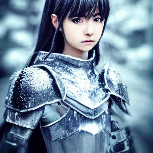 Image similar to portrait focus of knight beautiful 3 d anime girl!! silver frozen ice armor wearing!! dark forest background snowing, bokeh, inspired by masami kurum