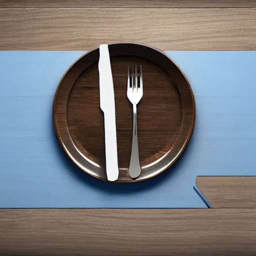 Prompt: a hyperdetailed blue fork, 3 d render, ultra high detail, octane render, rtx, hdr, the fork is on a plate, the plate is on a wooden table.