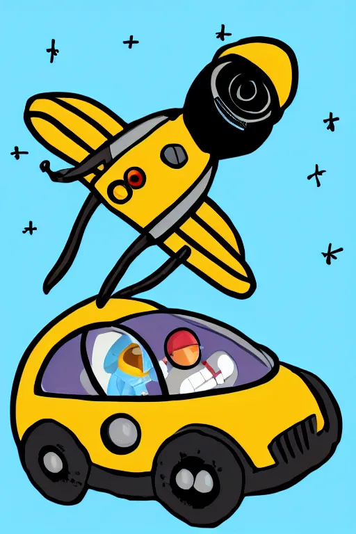 Image similar to basic digital drawing in photoshop of simple astronaut driving a fly car