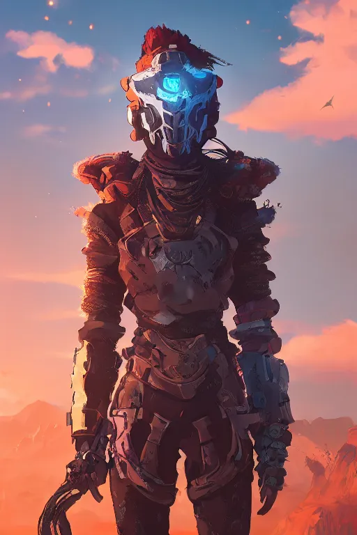 Image similar to combination suit armor aloy horizon forbidden west horizon zero dawn radiating a glowing aura global illumination ray tracing hdr fanart arstation by ian pesty and alena aenami artworks in 4 k tribal robot ninja mask helmet backpack