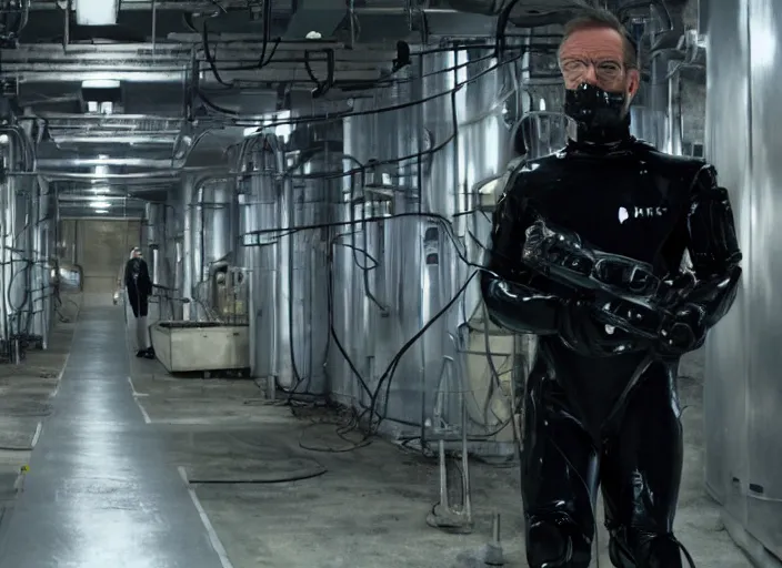 Image similar to film still of Brian Cranston as Gordan Freeman in an underground lab facility wearing a black HEV suit in the Half Life Movie, 4k