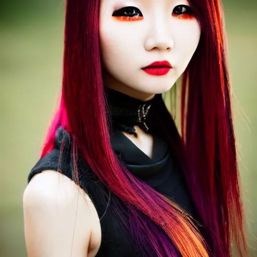 Prompt: a beautiful close up portrait photo of a very beautiful young Chinese female model wearing cybergothic clothing, black hair with bright orange streaks of hair, cute smile, beautiful detailed eyes, golden hour in Manhattan, outdoors, professional award winning portrait photography, Zeiss 150mm f/2.8 Hasselblad