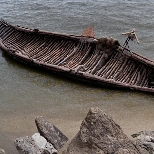 Prompt: early byzantine pentekonter ship, primitive, single rowing deck