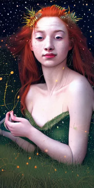 Image similar to infp young woman, smiling amazed, golden fireflies lights, full covering intricate detailed dress, amidst nature, long red hair, precise linework, accurate green eyes, small nose with freckles, oval shape face, realistic, expressive emotions, dramatic lights, hyper realistic ultrafine art by artemisia gentileschi, caravaggio, jessica rossier, boris vallejo