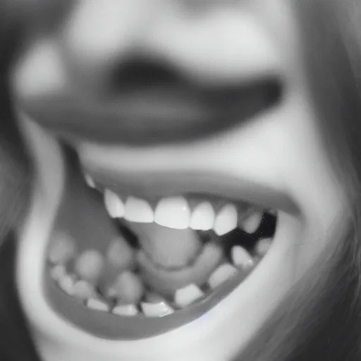 Prompt: many many teeth, hundreds of teeth. a woman smiling with more teeth. 3 5 mm f / 2. 8, kodachrome, moody lighting.
