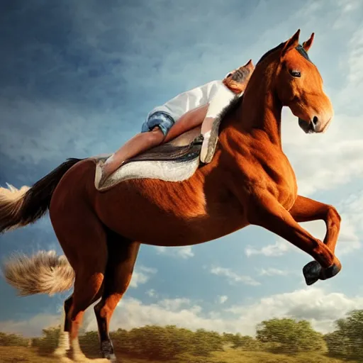 Prompt: a cat riding on a horses back, photorealistic art, high definition