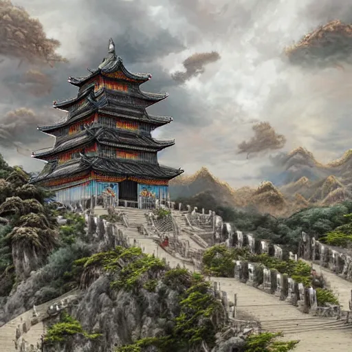 Image similar to dynamic composition, motion, ultra-detailed, incredibly detailed, a lot of details, amazing fine details and brush strokes, colorful and grayish palette, smooth, HD semirealistic anime CG concept art digital painting, watercolor oil painting of epic castle gate, from Three Kingdoms, by a Chinese artist at ArtStation, by Huang Guangjian, Fenghua Zhong, Ruan Jia, Xin Jin and Wei Chang. Realistic artwork of a Chinese videogame, gradients, gentle an harmonic grayish colors.